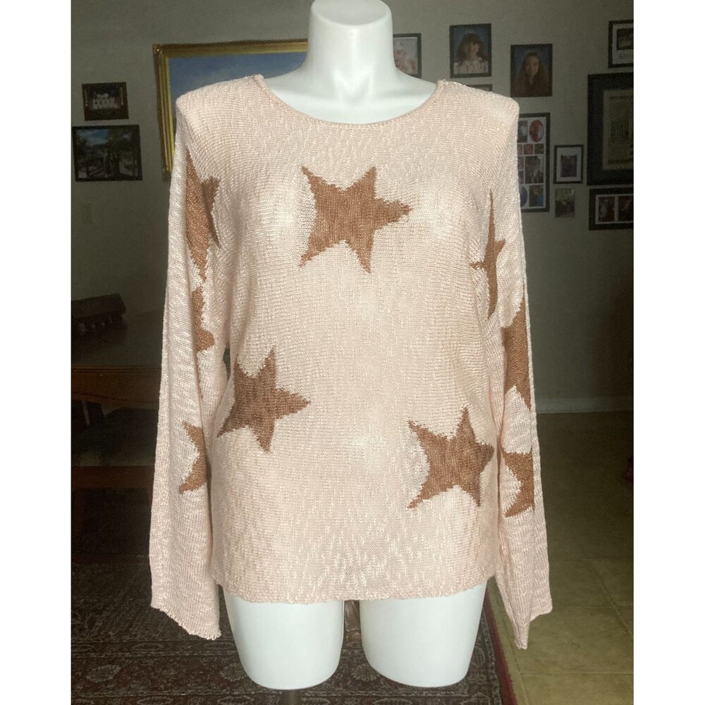 Kori America Women’s L Blush Pink Bronze Star Open Knit Sweater Boho Lightweight